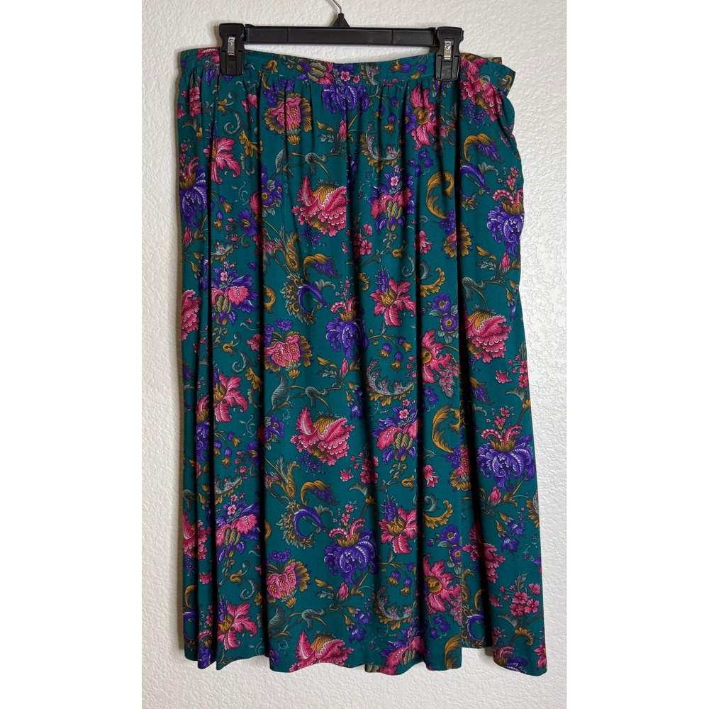 Alfred Dunner Womens 18 Midi Skirt Teal Pink Floral Pleated Elastic Waist USA
